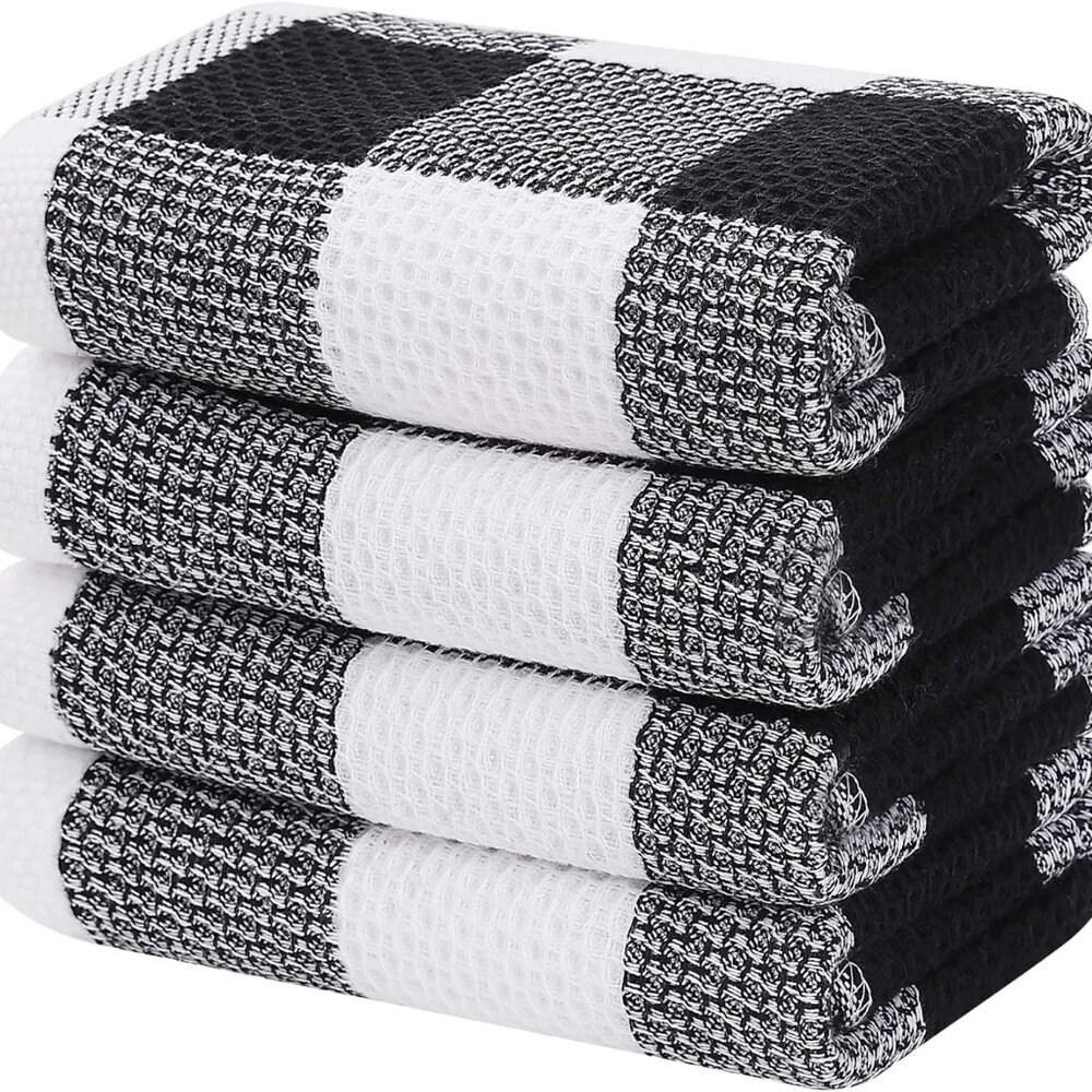 100% Cotton Waffle Weave Check Plaid Kitchen Towels, 13 x 28 Inches, Super Soft